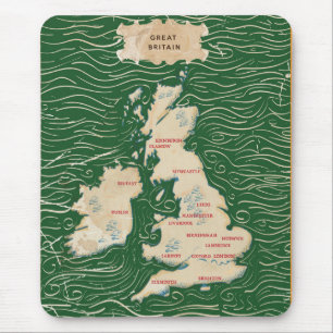Tapis De Souris Carte de l'affiche verte Vintage du Royaume-Uni