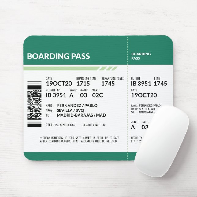 Tapis De Souris Carte d'embarquement - Vert (Avec souris)