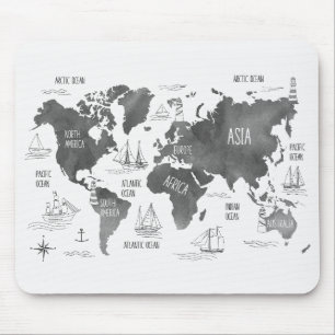 Tapis De Souris Carte du monde Art noir blanc Nautique