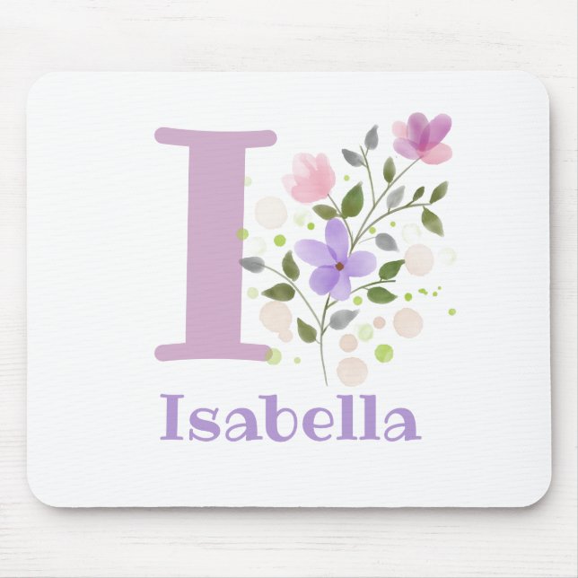 Tapis De Souris Carte Souris Initial Plus Nom & Fleurs Design (Devant)