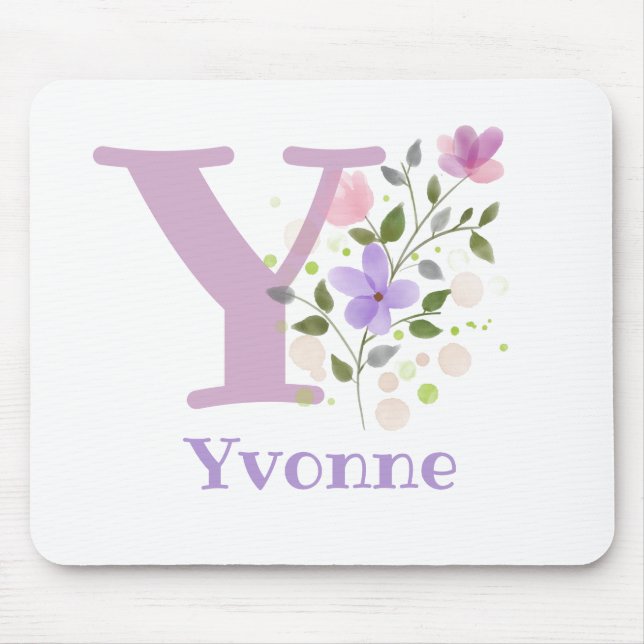 Tapis De Souris Carte Souris Initial Plus Nom & Fleurs Design (Devant)