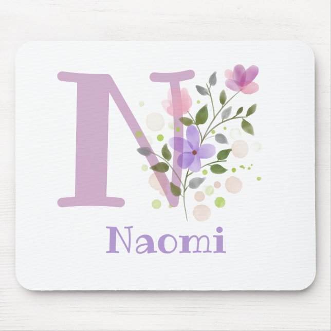 Tapis De Souris Carte Souris Initial Plus Nom & Fleurs Design (Devant)
