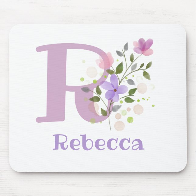 Tapis De Souris Carte Souris Initial Plus Nom & Fleurs Design (Devant)
