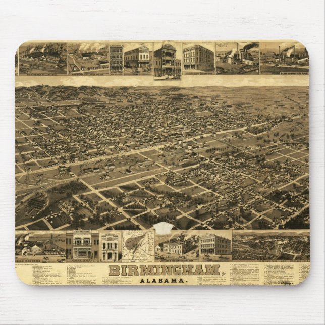 Tapis De Souris Carte vintage de Birmingham, Alabama (1885) (Devant)