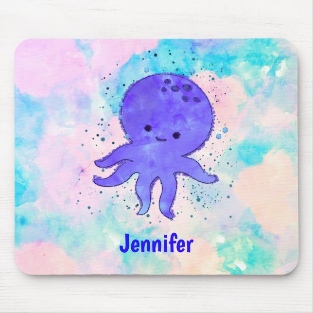 Tapis De Souris Carton bleu octopus Aquarelle Nom personnalisé (Devant)