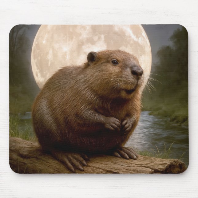 Tapis De Souris Castor sur un rondin avec pleine lune (Devant)