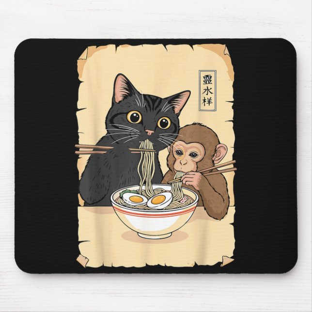 Tapis De Souris Cat Ramen Monkey Shirt Funny Cat Monkey Eating Ram (Devant)