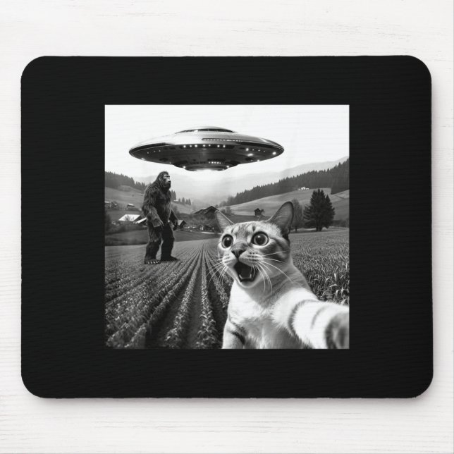 Tapis De Souris Cat Selfie With Alien Ufo Funny Cat Alien Bigfoot  (Devant)