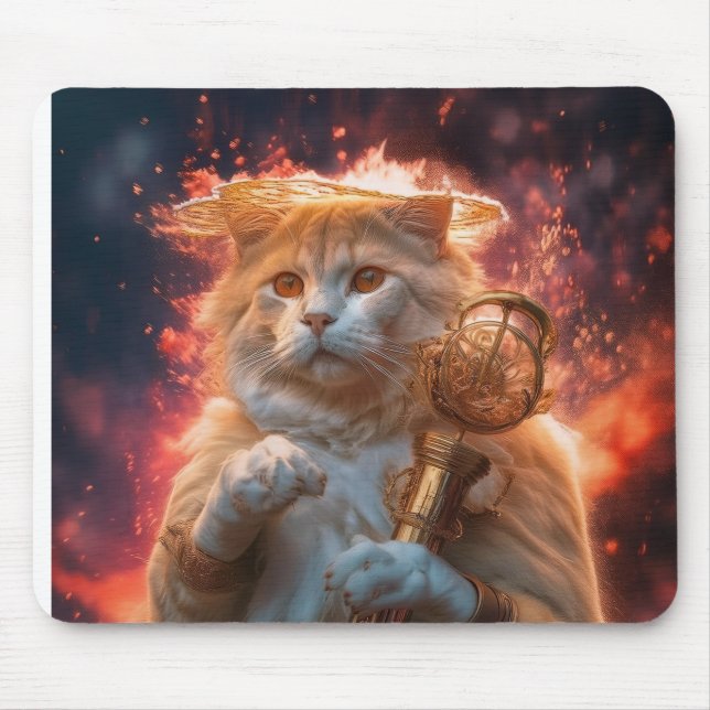 Tapis De Souris Cat Wizard With Magic Staff Amidst Flames (Devant)