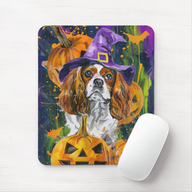 Tapis De Souris Cavalier King Chien Halloween Sorcière Et Citrouil (Avec souris)
