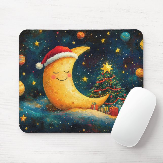 Tapis De Souris Célébration drôle de la Lune de Noël dans la Galax (Avec souris)