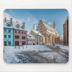 Tapis De Souris Centre-ville hivernal neige à Riga, Lettonie