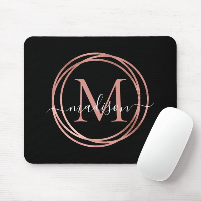 Tapis De Souris Cercle de monogramme rose noir Rose noir élégant (Avec souris)