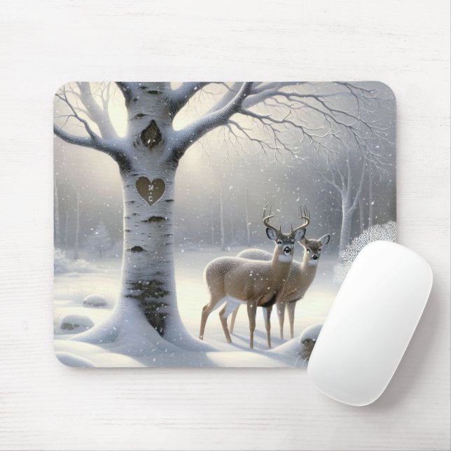Tapis De Souris Cerf d'hiver avec coeur de Birch Tree (Avec souris)