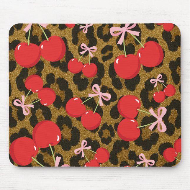 Tapis De Souris Cerises Rouges avec Nœud Rose Imprimé Léopard Coqu (Devant)