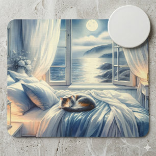 Tapis De Souris Chambre Côtière au Clair de Lune avec Chat Endormi