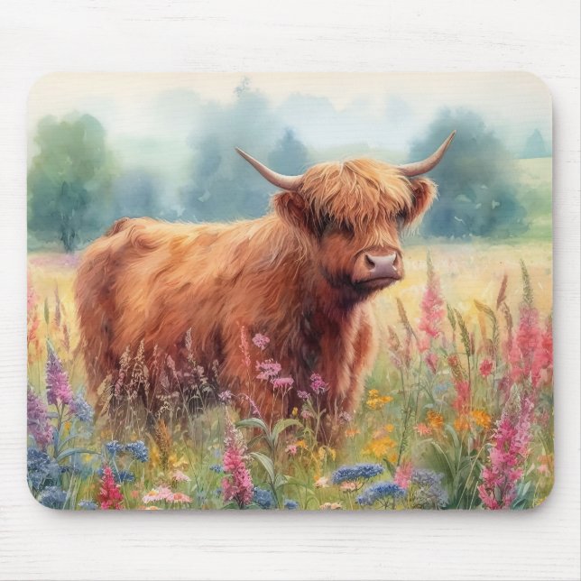 Tapis De Souris Champ de Fleur sauvage d'aquarelle de vache Highla (Devant)