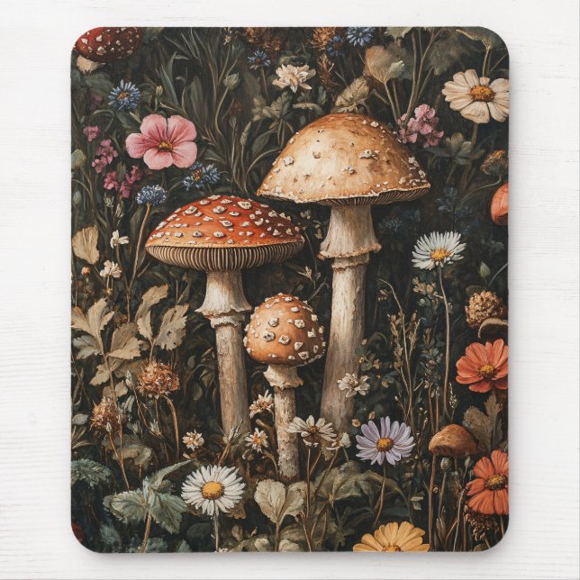 Tapis De Souris Champignons Fantaisistes et Fleurs Sauvages Botani (Devant)