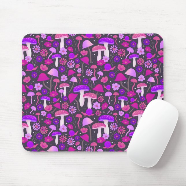 Tapis De Souris Champignons floraux Trippy rose, violet et noir (Avec souris)