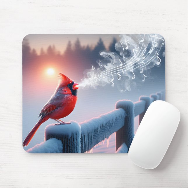Tapis De Souris Chant cardinal sur une clôture d'hiver (Avec souris)