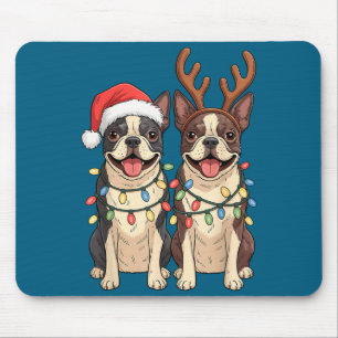 Tapis De Souris Chapeau de Noël de Boston Terrier Santa Renne Lumi