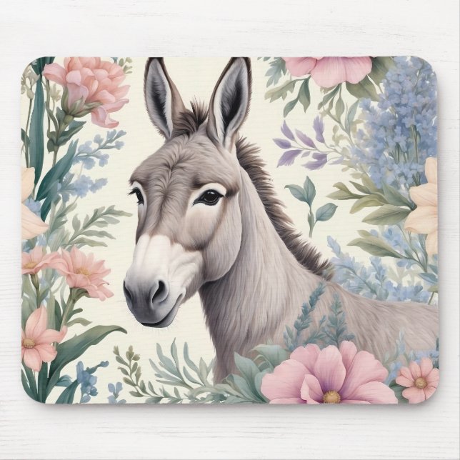 Tapis De Souris Charmante Donkey Pastel Fleurs Ferme Animal (Devant)