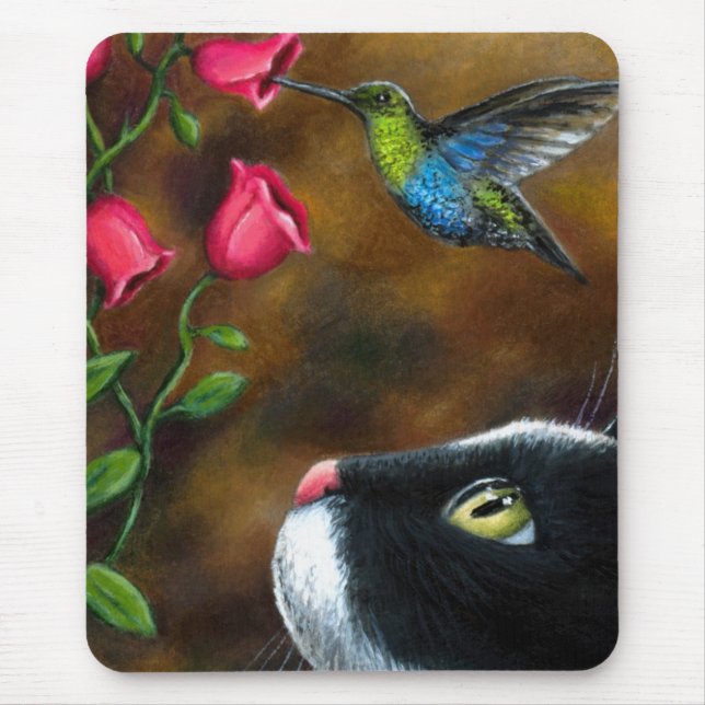 Tapis De Souris Chat 571 Tuxedo avec colibri (Devant)