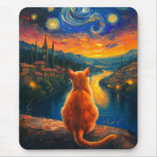 Tapis De Souris Chat à gingembre contemplatif Starry Night Sky A
