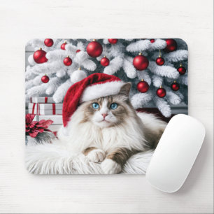 Tapis De Souris Chat à poupée de Noël dans un chapeau de Père Noël
