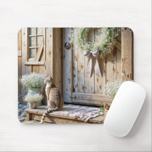 Tapis De Souris Chat assis sur une marche de porche de ferme