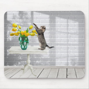 Tapis De Souris Chat avec Tulipes Jaunes Souris