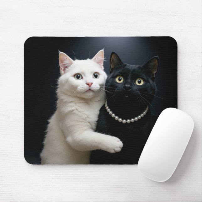 Tapis De Souris Chat blanc accroché à un chat noir (Avec souris)