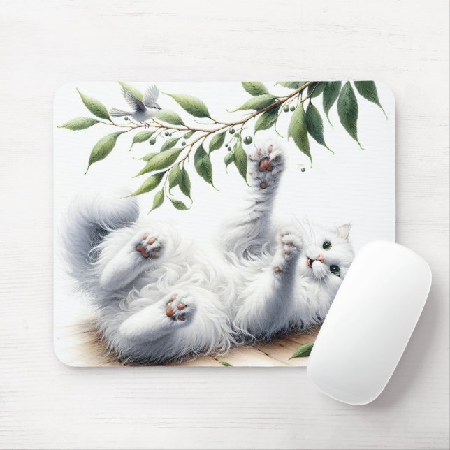 Tapis De Souris Chat blanc avec branche d'arbre (Avec souris)