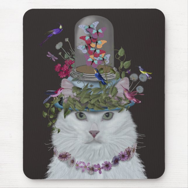 Tapis De Souris Chat blanc avec cloche papillon (Devant)