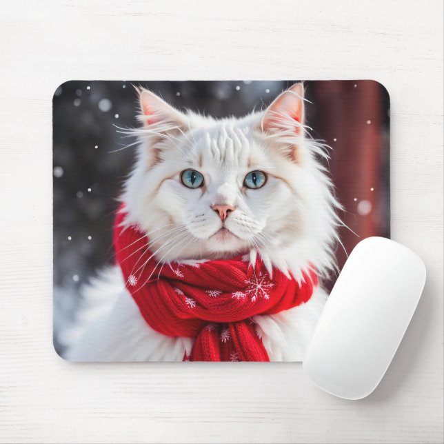 Tapis De Souris Chat blanc avec Écharpe rouge d'hiver (Avec souris)