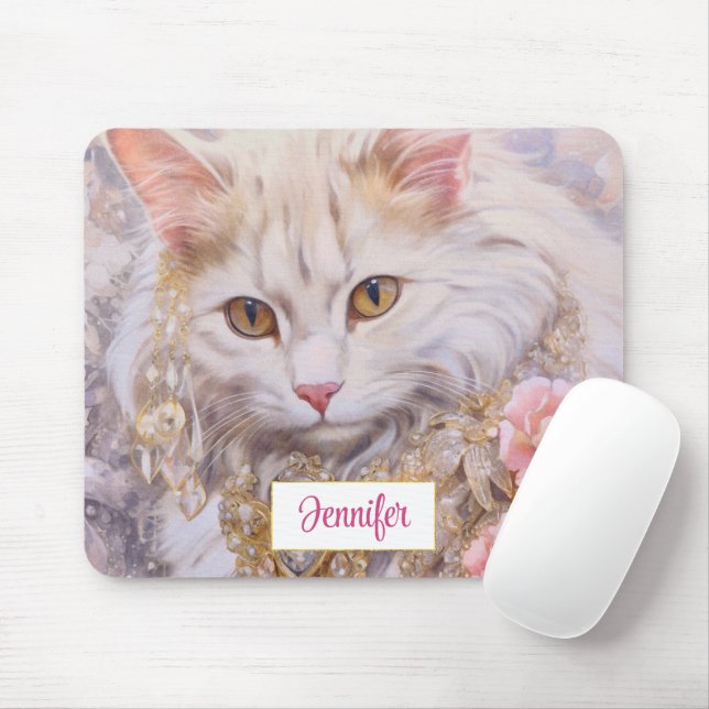 Tapis De Souris Chat blanc élégant en or et diamants (Avec souris)