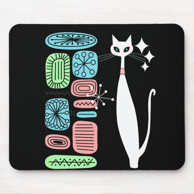 Tapis De Souris Chat blanc moderne de la moitié du siècle atomique (Devant)
