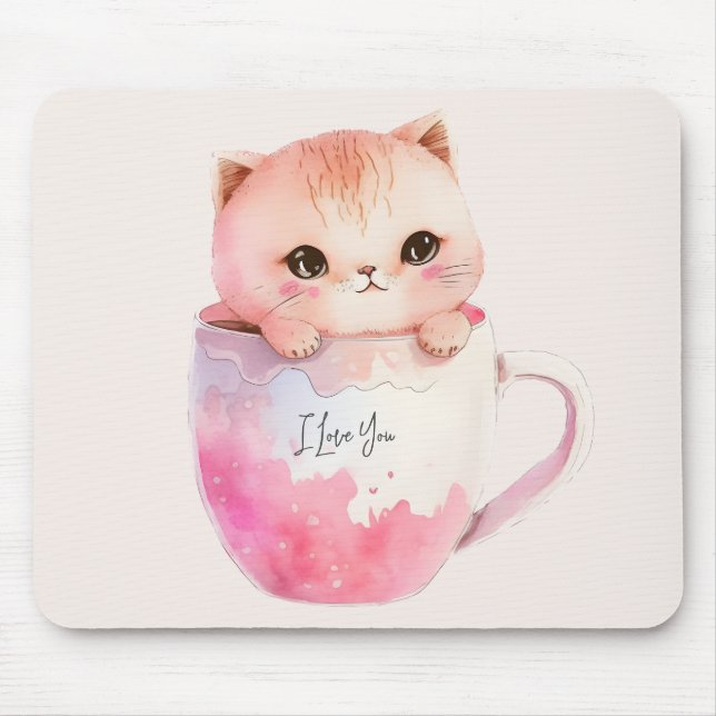 Tapis De Souris Chat blanc-rose mignonne dans une tasse de thé (2) (Devant)