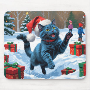 Tapis De Souris Chat Bleu Russe Courant dans la Neige avec un Chap