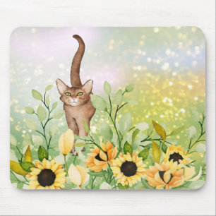 Tapis De Souris Chat Brown mignonne dans un jardin de tournesol Mo