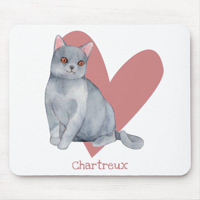 Tapis De Souris Chat Chartreux Aquarelle Kitty Coeur rose (Devant)