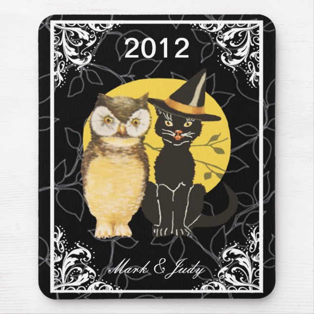 Tapis De Souris Chat & Chouette Halloween Mariage Pad Souris (Devant)