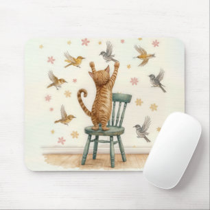 Tapis De Souris Chat de gingembre attraper un oiseau sur papier pe