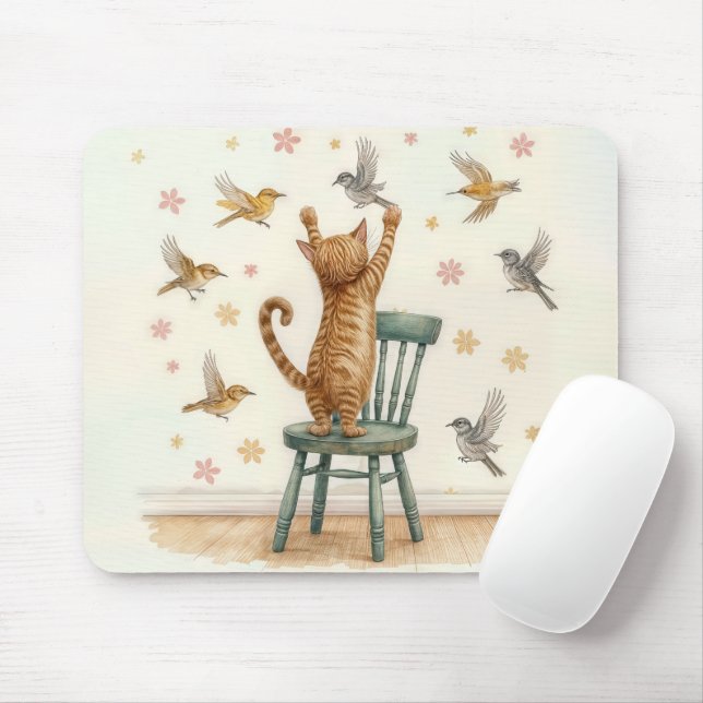 Tapis De Souris Chat de gingembre attraper un oiseau sur papier pe (Avec souris)