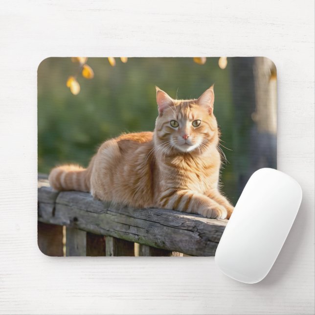 Tapis De Souris Chat de gingembre sur une clôture rustique (Avec souris)