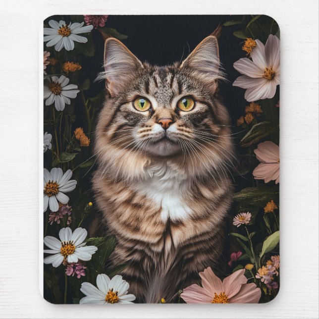 Tapis De Souris Chat de Maine Coon entouré de fleurs (Devant)