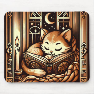 Tapis De Souris Chat de style Art déco endormi avec un livre