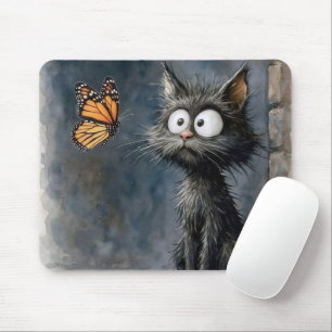 Tapis De Souris Chat débraillé fixant un papillon