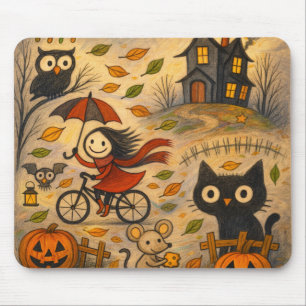 Tapis de souris Chat d'Halloween et Fille à Bicycl