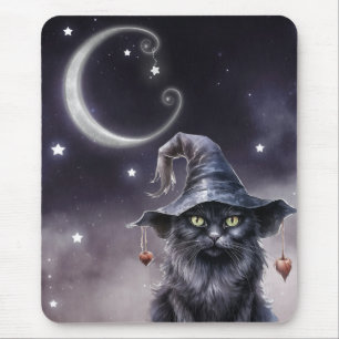 Tapis De Souris Chat d'Halloween noir portant un chapeau de sorciè